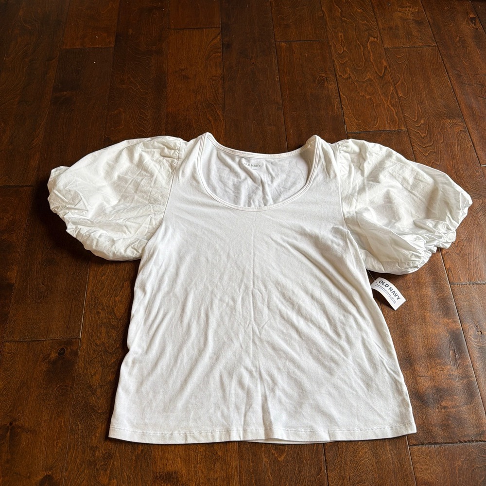 Old Navy Womens White Puff Short Sleeve Scoop Neck Cotton Top Large NEW